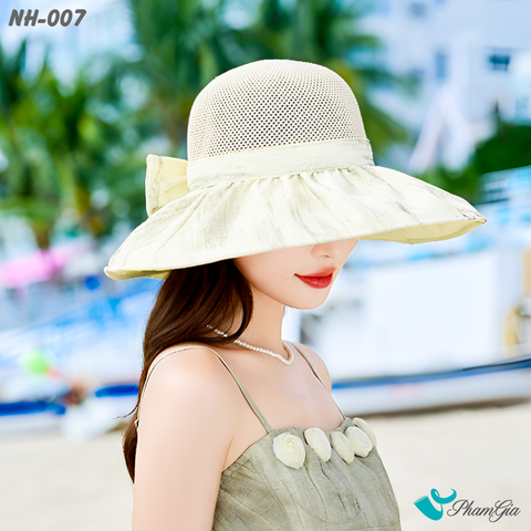Nón Rộng Vành Phối Vải Xước Kết Nơ Cao Cấp Màu Trắng Kem (NH007)