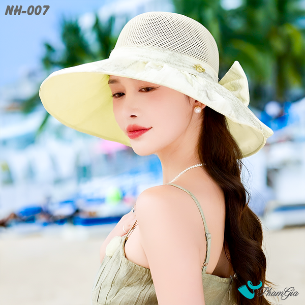 Nón Rộng Vành Phối Vải Xước Kết Nơ Cao Cấp Màu Trắng Kem (NH007)