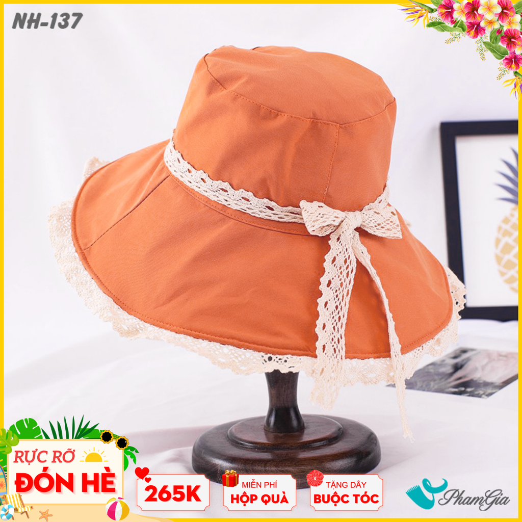 Nón Rộng Vành Phối Viền Ren Nữ Tính Màu Cam Carot