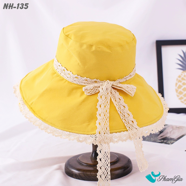 Nón Rộng Vành Phối Viền Ren Nữ Tính Màu Vàng Cúc (NH135)
