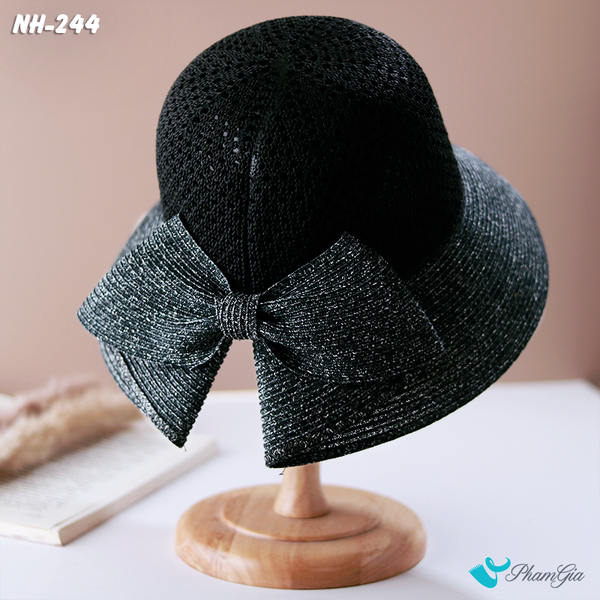 Nón Rộng Vành Trơn Phối Nơ Bản To Màu Đen Khói (NH244)