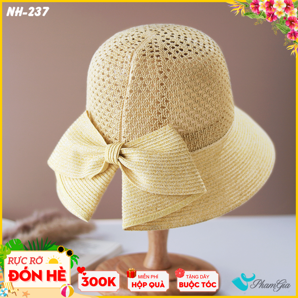 Nón Rộng Vành Trơn Phối Nơ Bản To Màu Kem