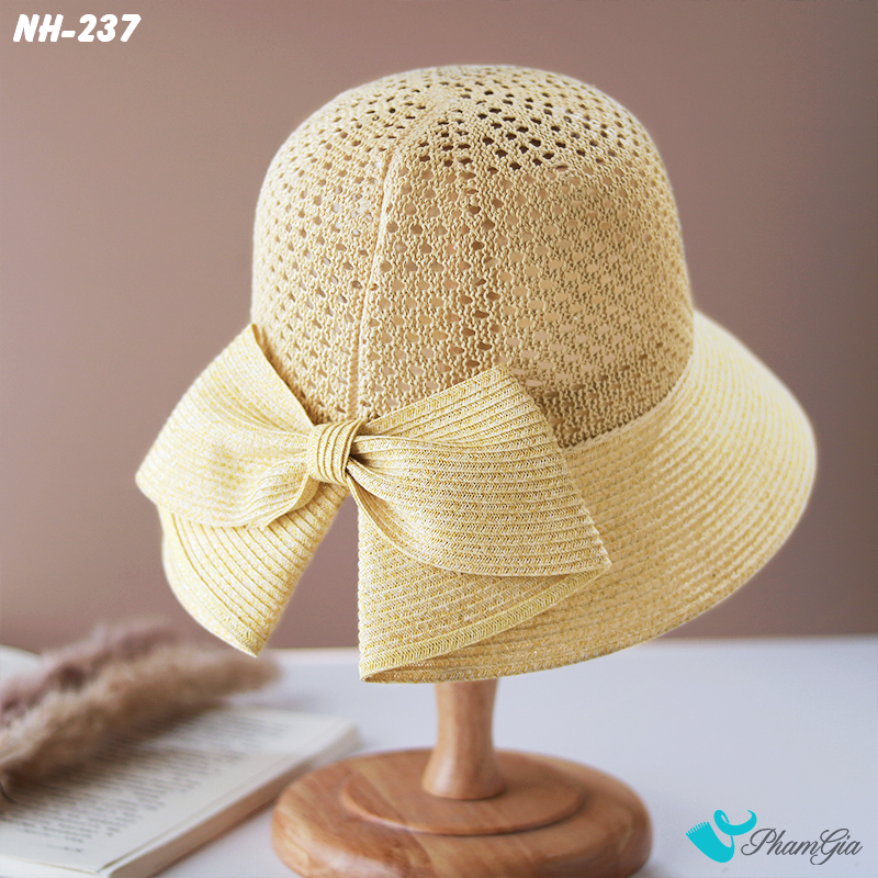 Nón Rộng Vành Trơn Phối Nơ Bản To Màu Kem