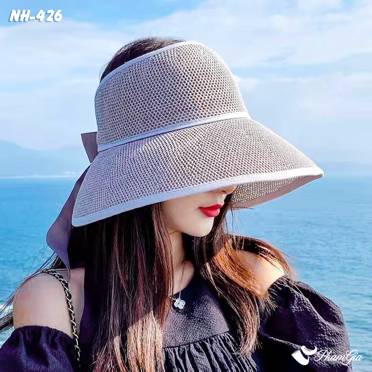 Nón Vải Mui Trần Đan Lưới Buộc Nơ Màu Xanh Ghi