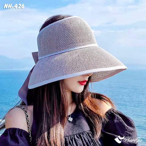 Nón Vải Mui Trần Đan Lưới Buộc Nơ Màu Xanh Ghi