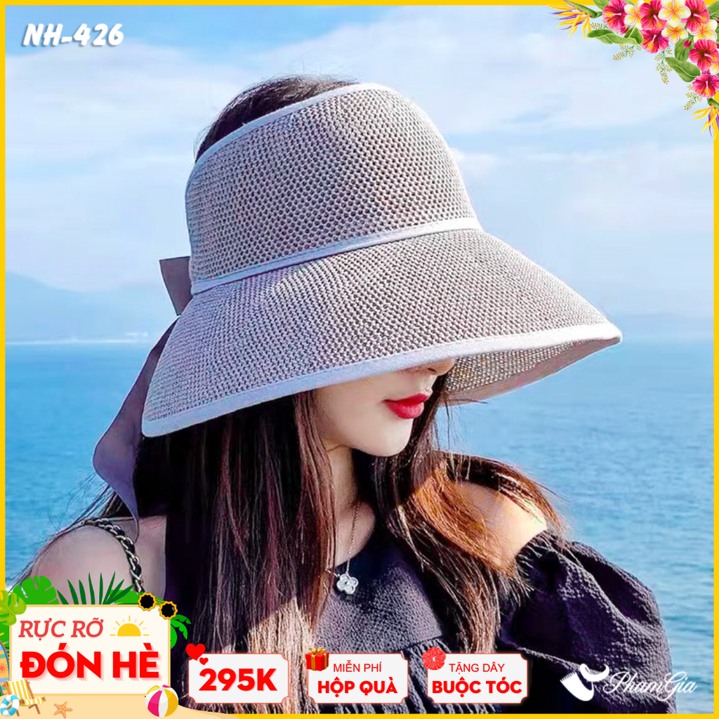 Nón Vải Mui Trần Đan Lưới Buộc Nơ Màu Xanh Ghi