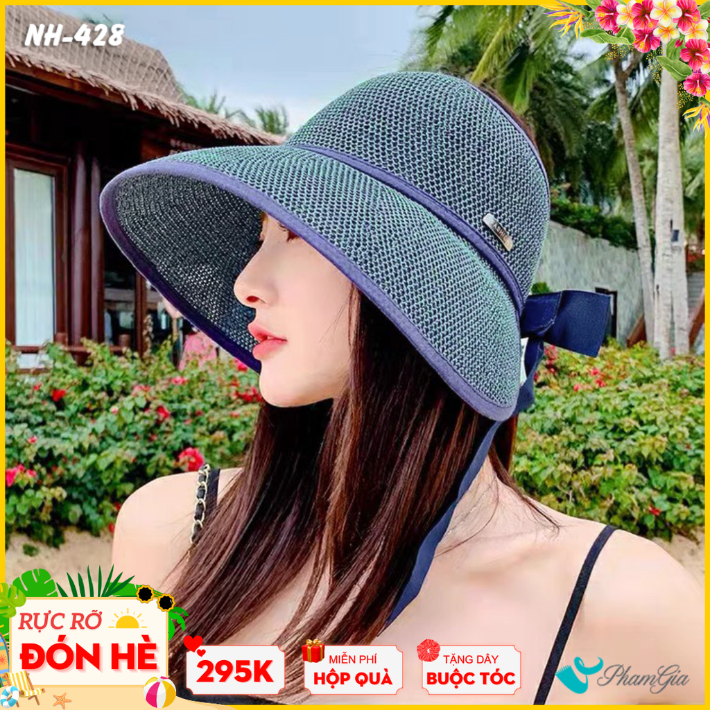 Nón Vải Mui Trần Đan Lưới Buộc Nơ Màu Xanh Navy