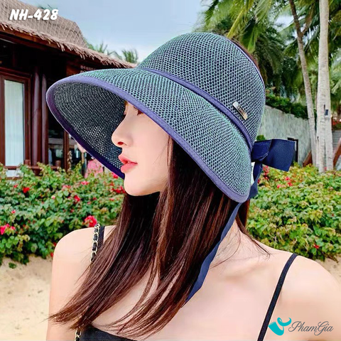 Nón Vải Mui Trần Đan Lưới Buộc Nơ Màu Xanh Navy
