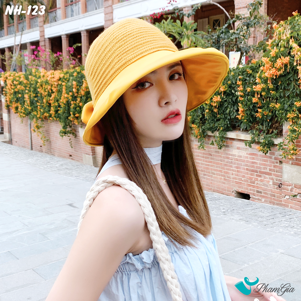 Nón Vải Mui Trần Kết Nơ Phối Lưới Màu Vàng Cúc