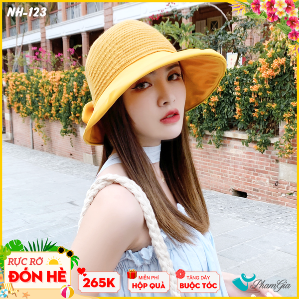 Nón Vải Mui Trần Kết Nơ Phối Lưới Màu Vàng Cúc (NH123)