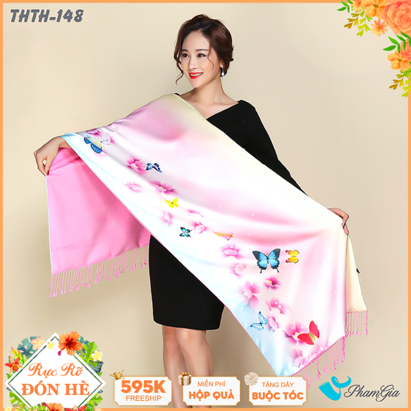 Khăn Choàng Tằm Hoa Thượng Hải 2 Lớp Cao Cấp Họa Tiết Hồng Điệp Màu Hồng Baby Trang Nhã (THTH148)