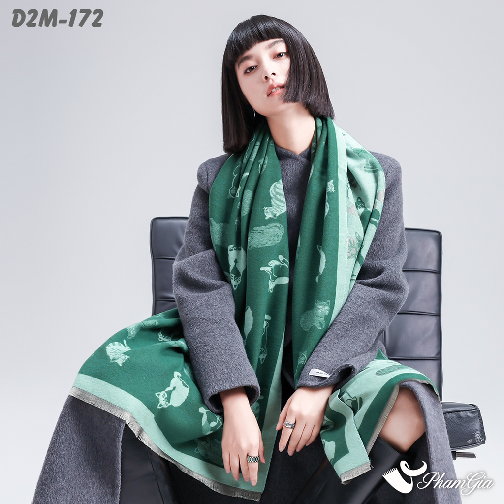 Khăn Choàng Dạ Cashmere 2 Mặt Cao Cấp Họa Tiết Mèo Nhỏ Màu Xanh Két Dễ Thương