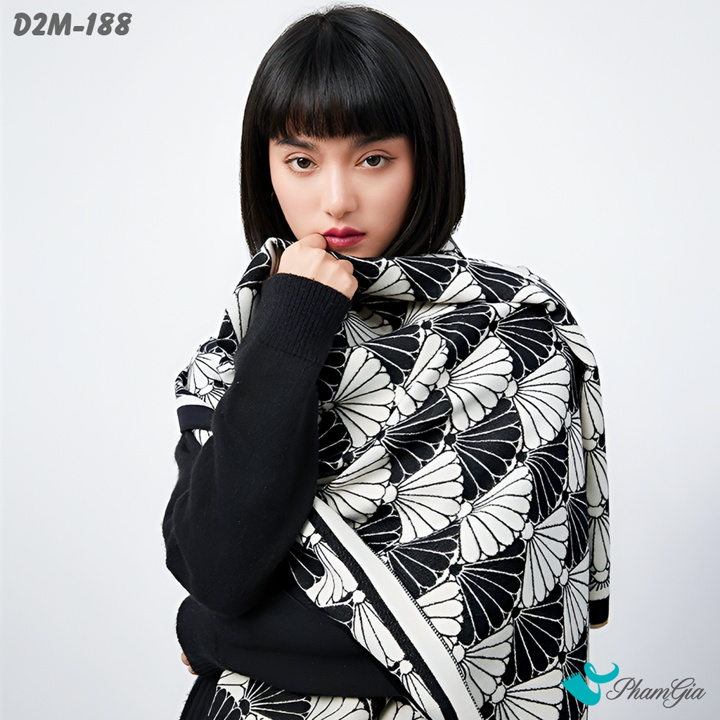 Người Mẫu Choàng Khăn Choàng Dạ Cashmere 2 Mặt Họa Tiết Rẻ Quạt Phối Màu Trắng Đen Tinh Tế