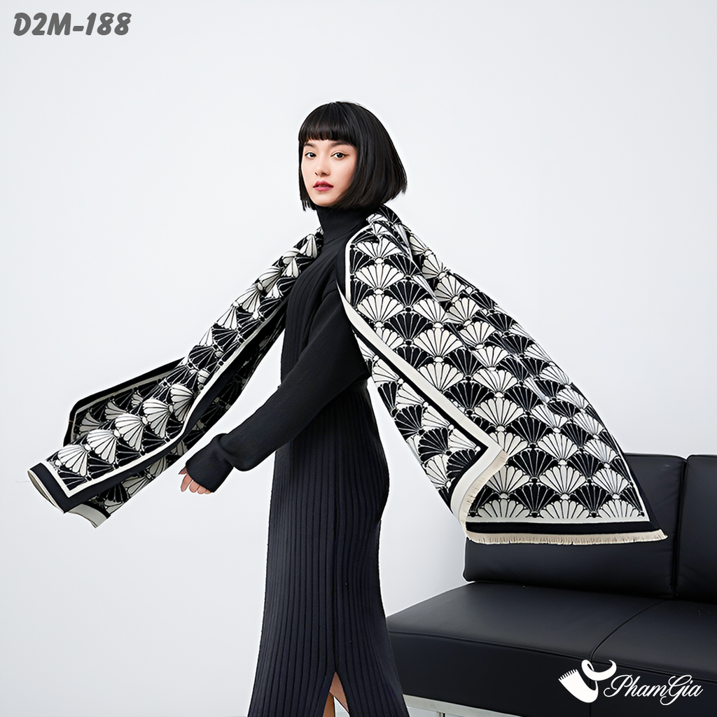 Model Choàng Khăn Choàng Dạ Cashmere 2 Mặt Họa Tiết Rẻ Quạt Phối Màu Trắng Đen Tinh Tế
