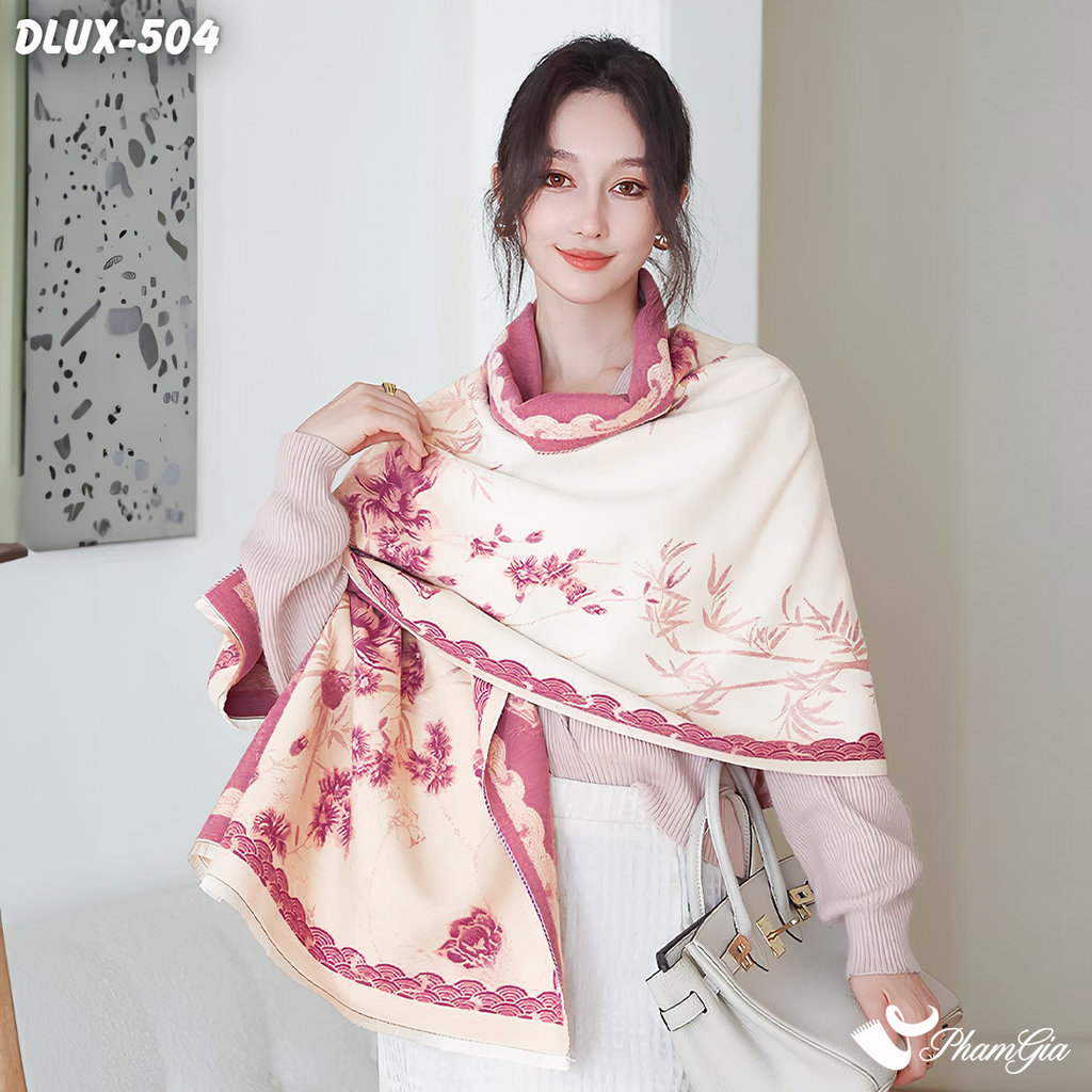 Khăn Choàng Dạ Cashmere Cao Cấp Họa Tiết Đài Sen Phối Màu Hồng - Kem Duyên Dáng