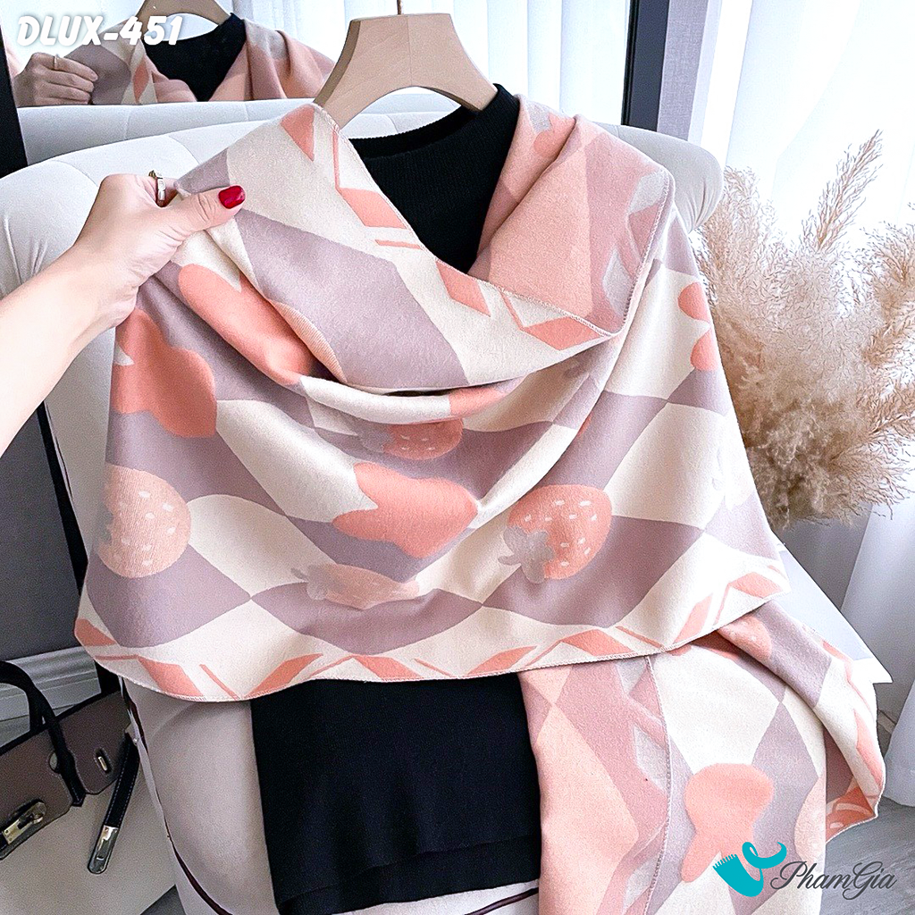 Góc Nghiêng Khăn Choàng Dạ Cashmere Cao Cấp Họa Tiết Dễ Thương Màu Hồng Dâu Ngọt Ngào