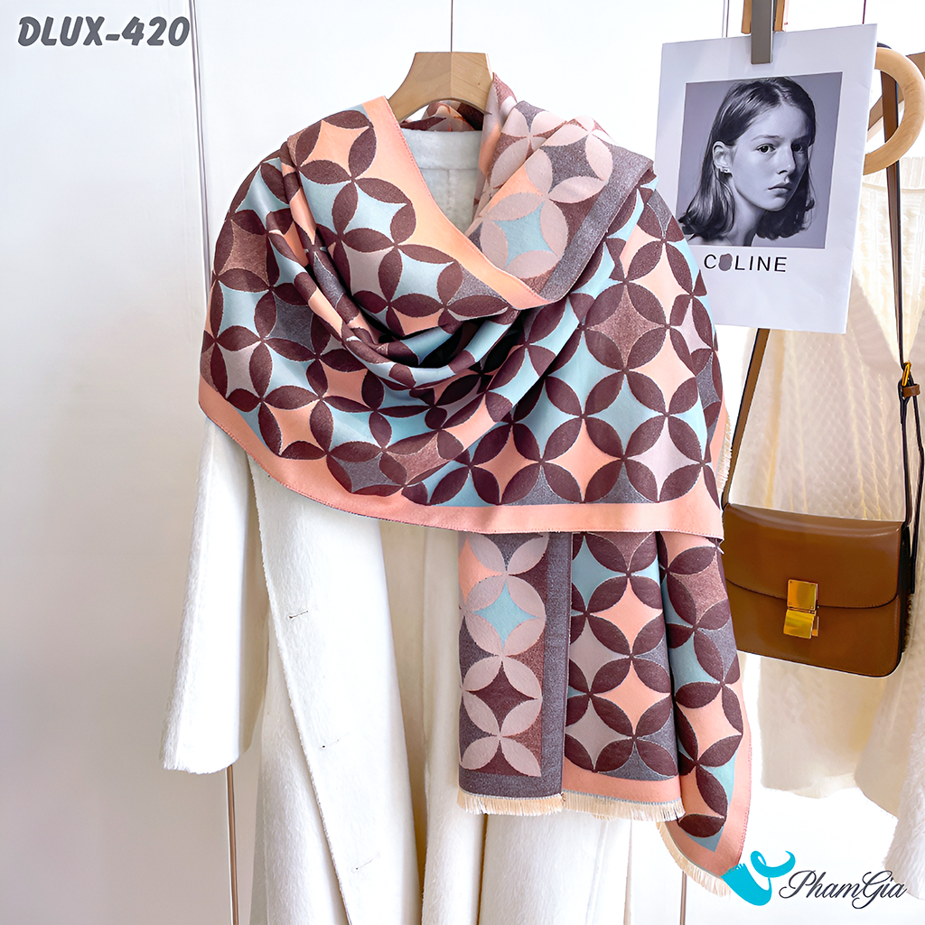Khăn Choàng Dạ Cashmere Cao Cấp Họa Tiết Hình Học Màu Hồng Đào Thanh Lịch