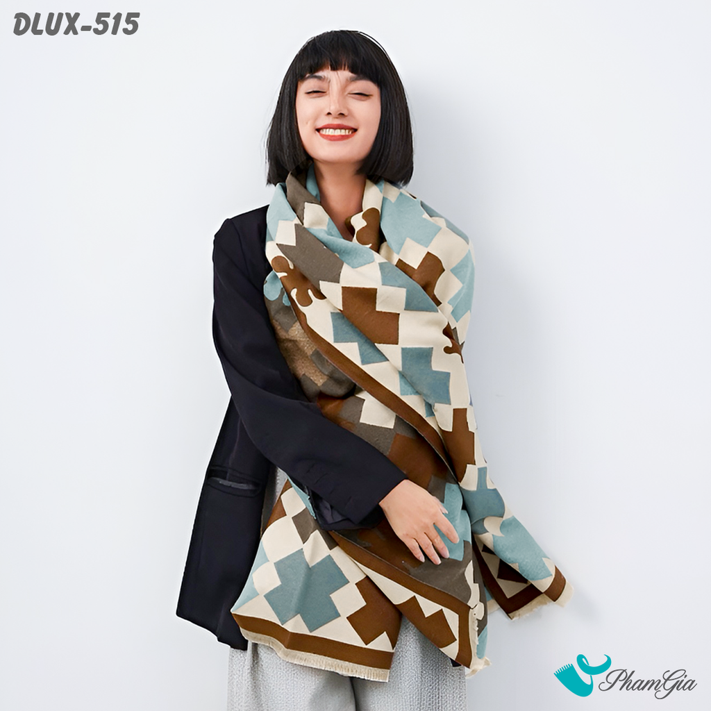 Khăn Choàng Dạ Cashmere Cao Cấp Họa Tiết Hình Khối Phối Màu Viền Nâu Hiện Đại