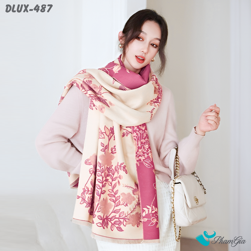 Khăn Choàng Dạ Cashmere Cao Cấp Họa Tiết Hoa Dây Leo Màu Hồng Baby Thanh Lịch