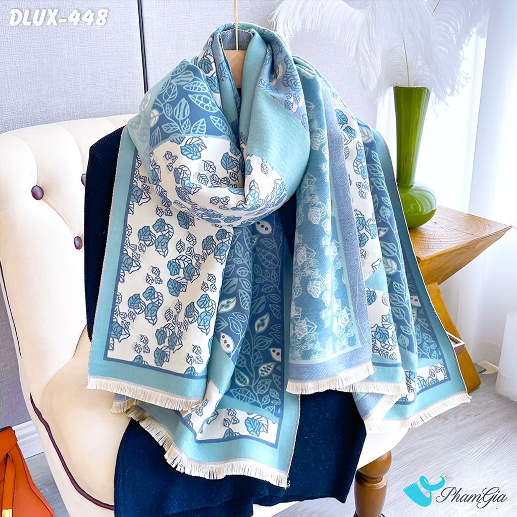 Khăn Choàng Dạ Cashmere Cao Cấp Họa Tiết Hoa Lá Phối Màu Xanh Mint Thanh Lịch