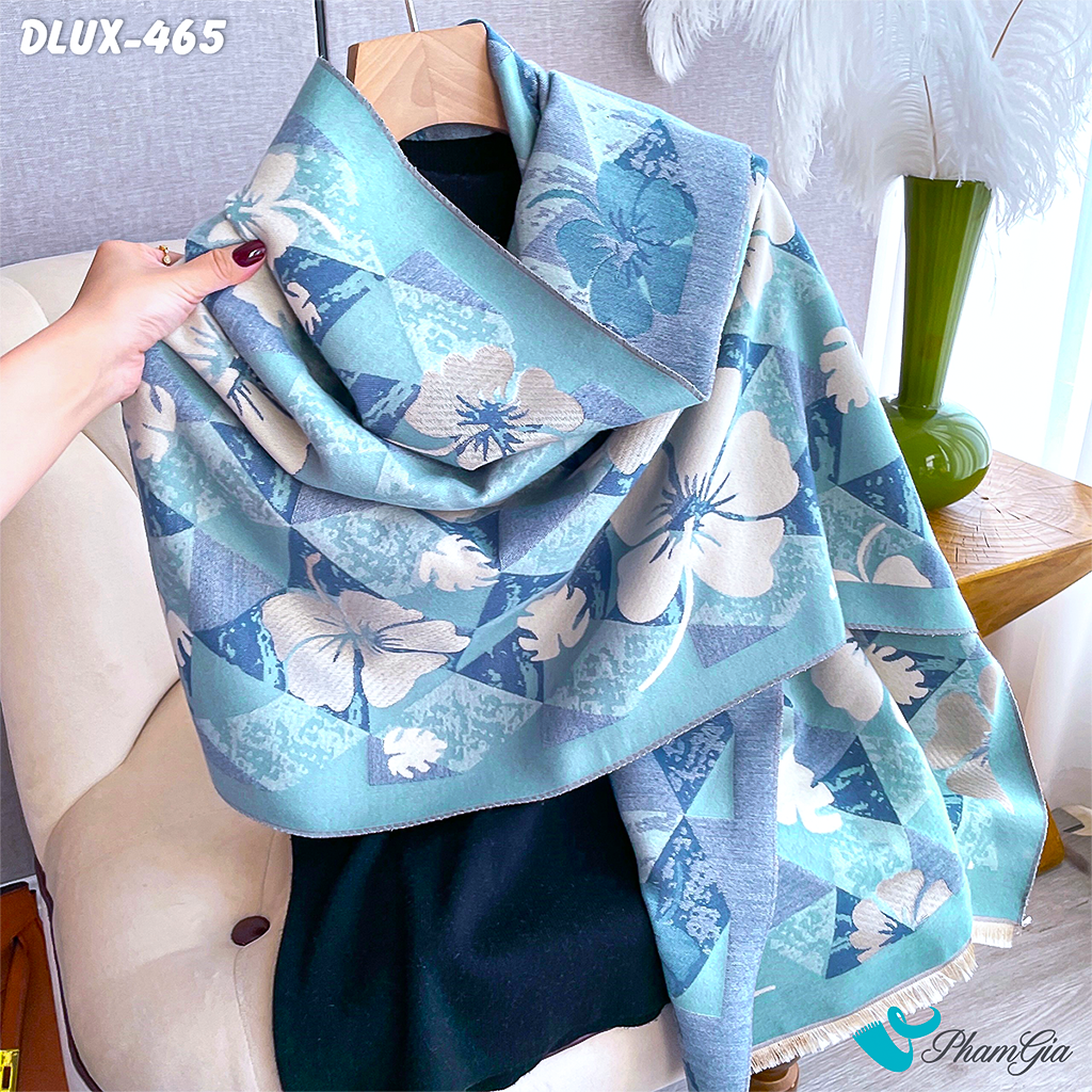 Góc Nghiêng Khăn Choàng Dạ Cashmere Cao Cấp Họa Tiết Hoa Mai Màu Xanh Baby Thanh Lịch