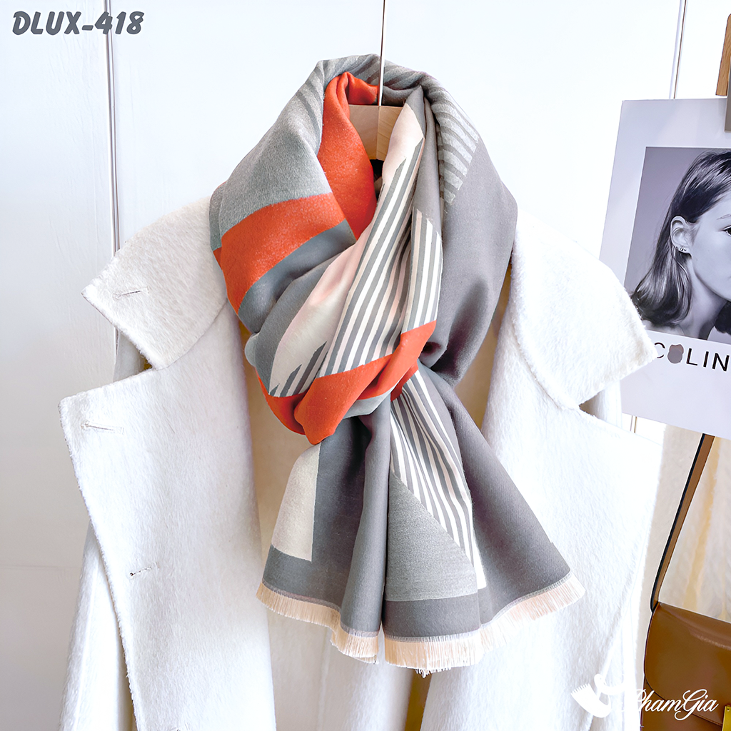 Khăn Choàng Dạ Cashmere Cao Cấp Họa Tiết Lập Thể Phối Màu Xám - Cam Cá Tính