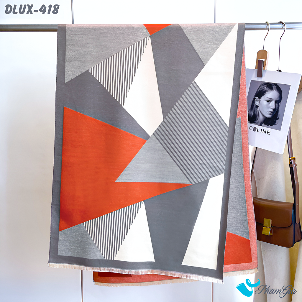 Họa Tiết Khăn Choàng Dạ Cashmere Cao Cấp Họa Tiết Lập Thể Phối Màu Xám - Cam Cá Tính