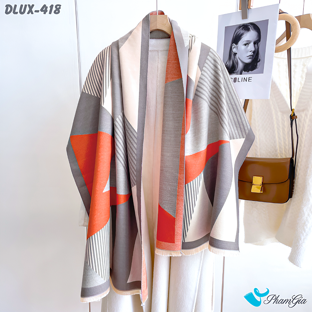 Góc Thẳng Khăn Choàng Dạ Cashmere Cao Cấp Họa Tiết Lập Thể Phối Màu Xám - Cam Cá Tính