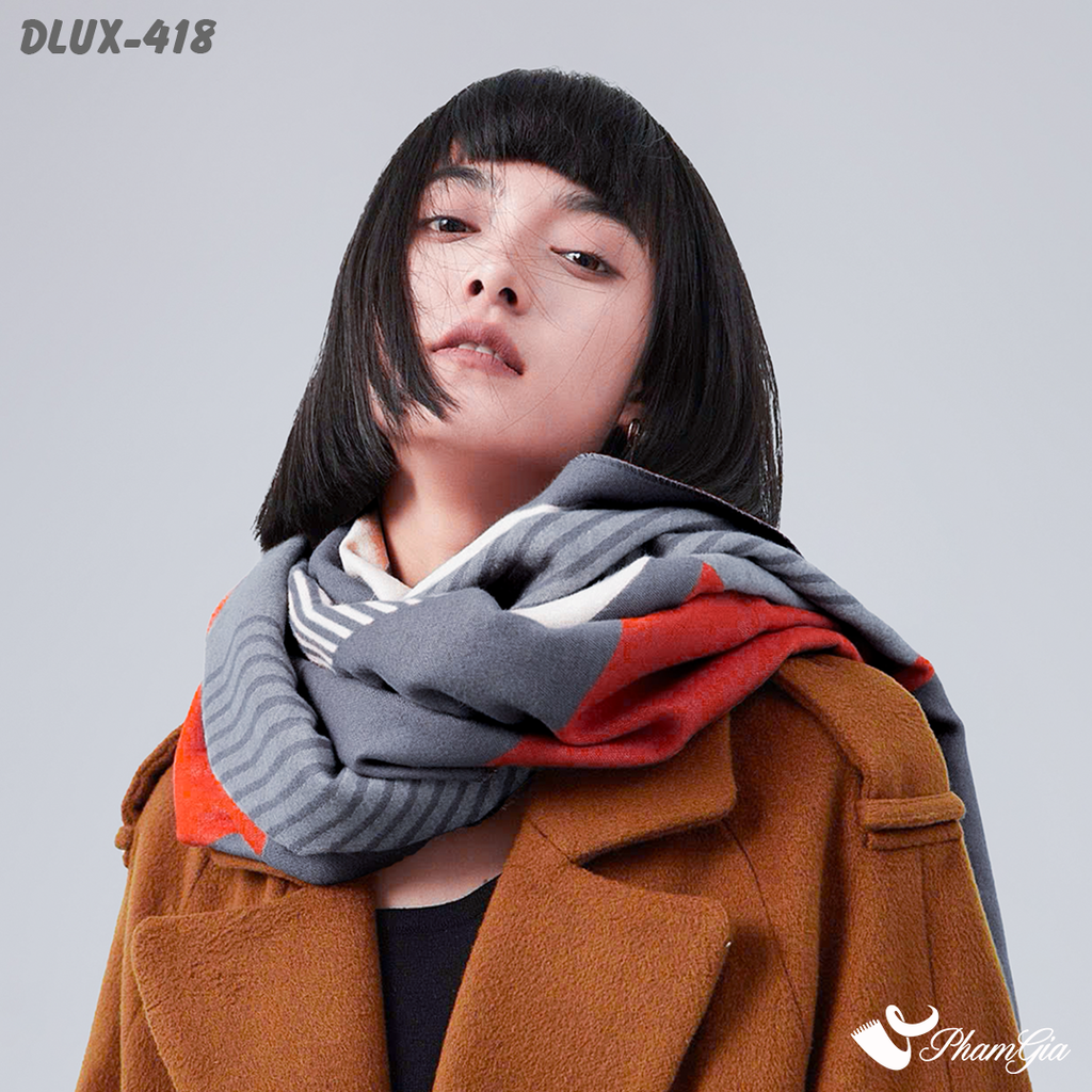 Người Mẫu Choàng Khăn Choàng Dạ Cashmere Cao Cấp Họa Tiết Lập Thể Phối Màu Xám - Cam Cá Tính