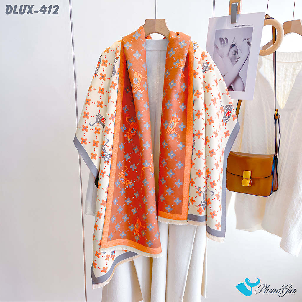 Khăn Choàng Dạ Cashmere Cao Cấp Họa Tiết Retro Màu Cam Phối Xám Năng Động