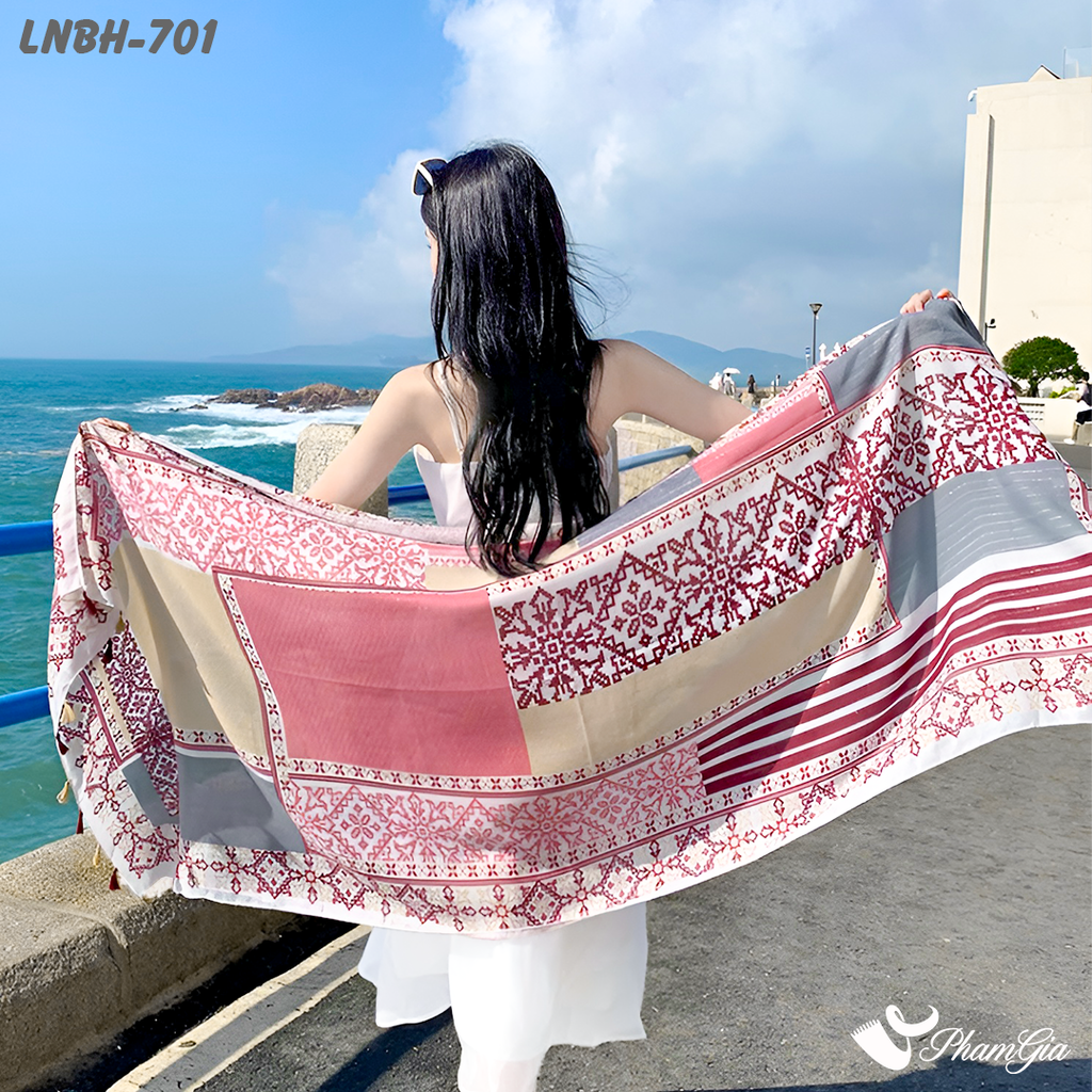 Họa Tiết Khăn Choàng Linen Boho Họa Tiết Thổ Cẩm Phối Kim Tuyến Màu Đỏ Mận Cá Tính
