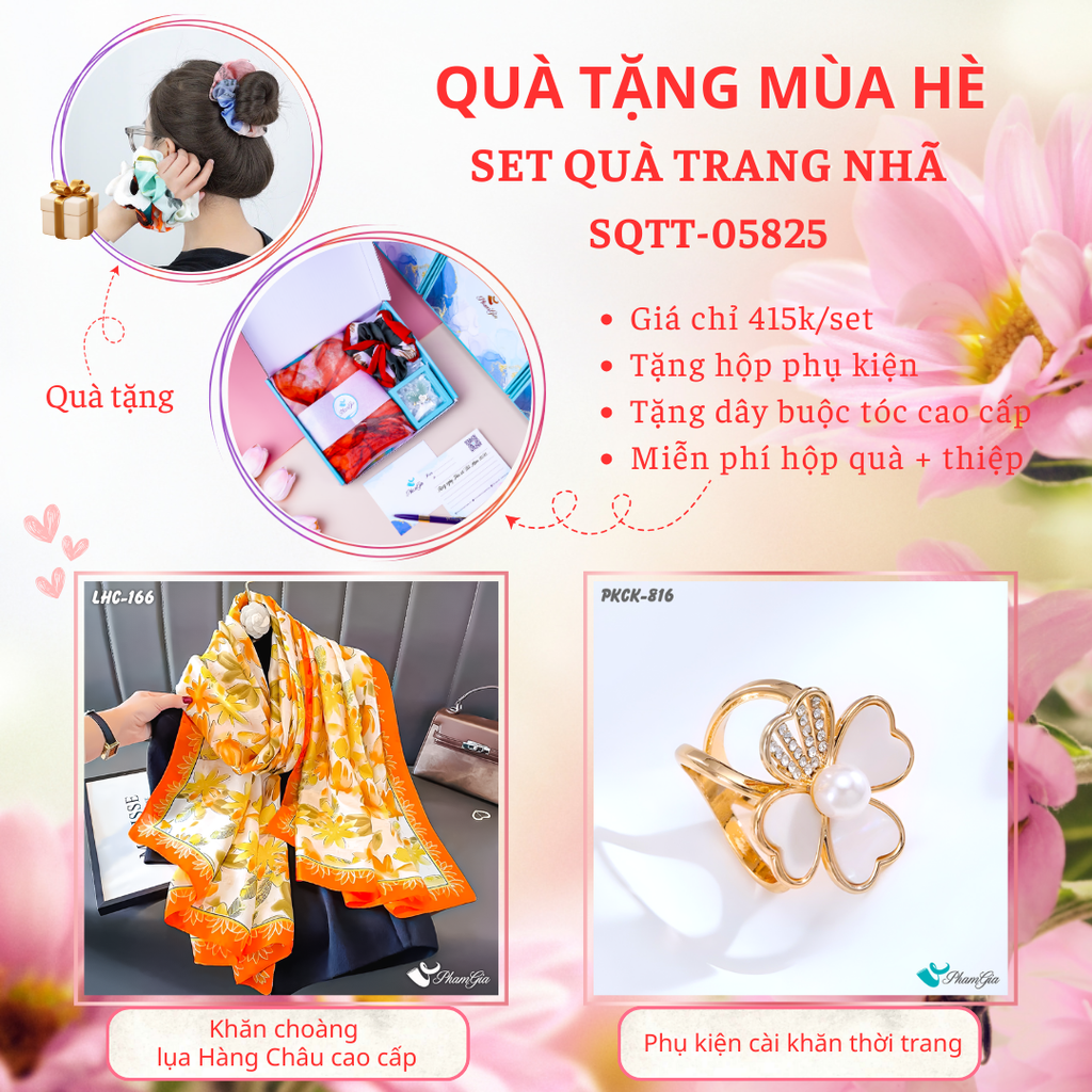 Set Quà Tặng Khăn Choàng Lụa Hoa Lá Màu Vàng Cam Và Phụ Kiện Cài Khăn Cỏ Bốn Lá Thời Trang