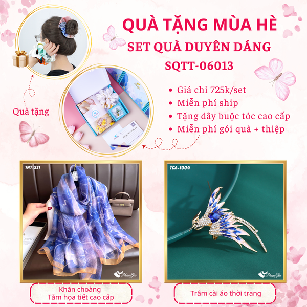 Quà Tặng Mùa Hè - Set Quà Tặng Khăn Choàng Tằm Họa Tiết Và Ghim Cài Áo Duyên Dáng (SQTT06013)