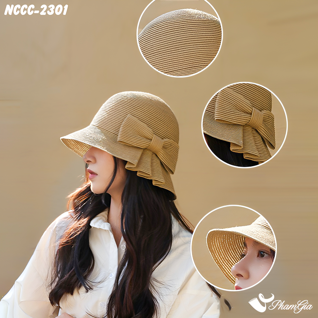 Model Đội Nón Cói Cloche Vinatge Phối Nơ Bản To Cách Điệu Cao Cấp Màu Nâu Tây