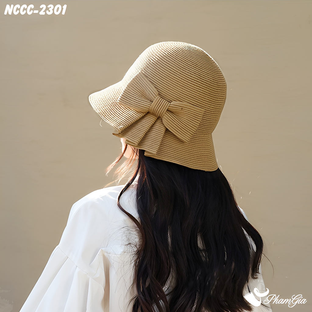 Phía Sau Nón Cói Cloche Vinatge Phối Nơ Bản To Cách Điệu Cao Cấp Màu Nâu Tây