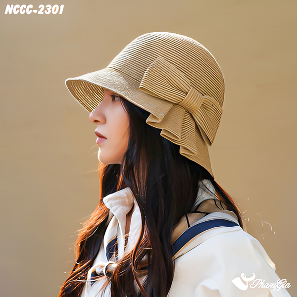 Nón Cói Cloche Vinatge Phối Nơ Bản To Cách Điệu Cao Cấp Màu Nâu Tây (NCCC2301)