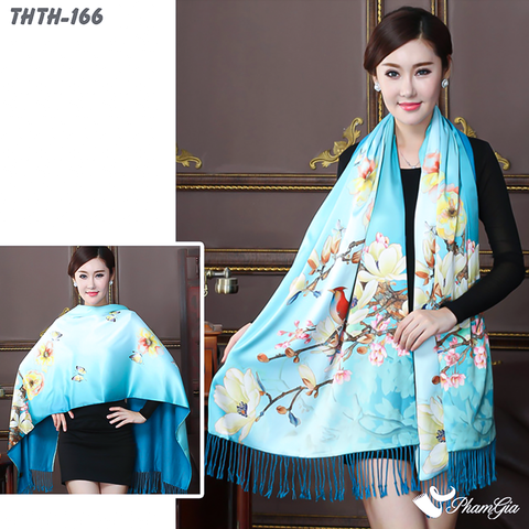 Model Choàng Khăn Choàng Tằm Hoa Thượng Hải 2 Lớp Cao Cấp Họa Tiết Hoa Mộc Lan Màu Xanh Ngọc Trang Nhã