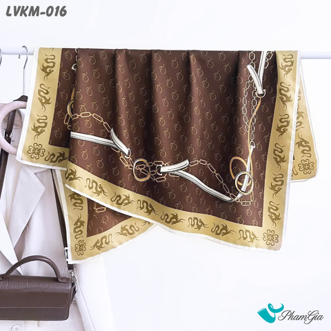Cận Chất Khăn Lụa Vuông Karma 90*90Cm Cao Cấp Họa Tiết Retro Cá Tính Màu Nâu Viền Beige