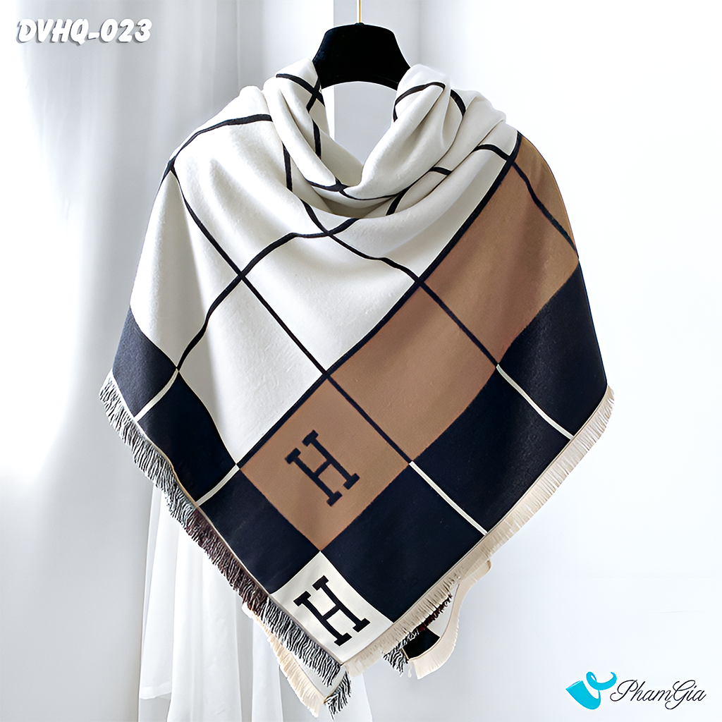 Họa Tiết Khăn Choàng Dạ Cashmere Vuông Phong Cách Hàn Quốc Cao Cấp Họa Tiết Caro Phối Màu Đen - Nâu Đất