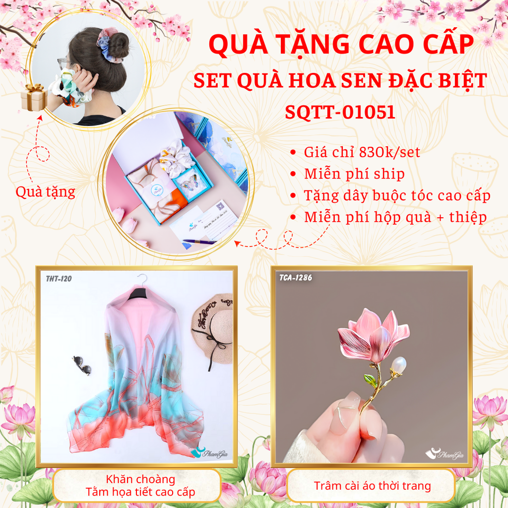 Quà Tặng Cao Cấp - Set Quà Tặng Khăn Choàng Và Ghim Cài Áo Chủ Đề Hoa Sen Đặc Biệt (SQTT01051)