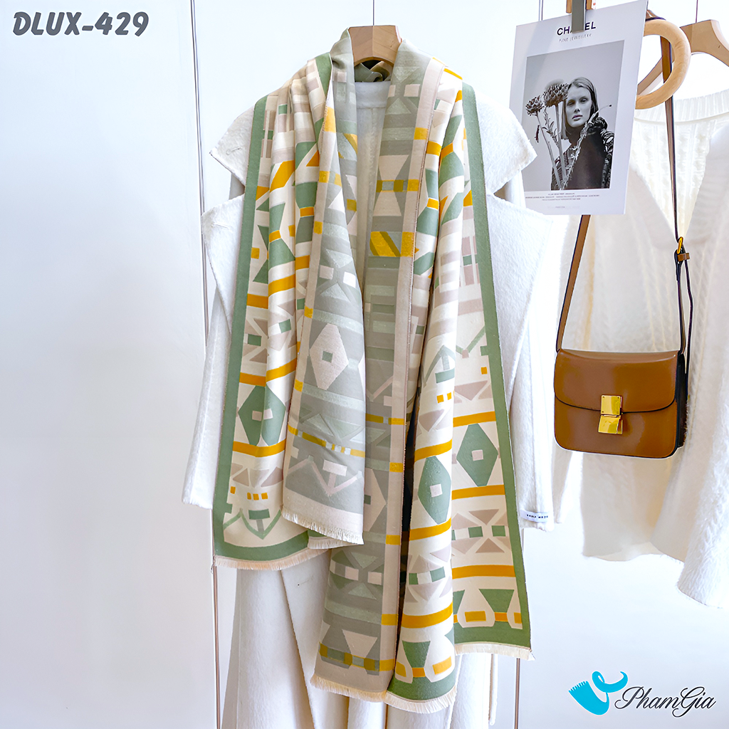 Khăn Choàng Dạ Cashmere Cao Cấp Họa Tiết Hình Học Hiện Đại Màu Xanh Bơ Viền Vàng Thanh Lịch
