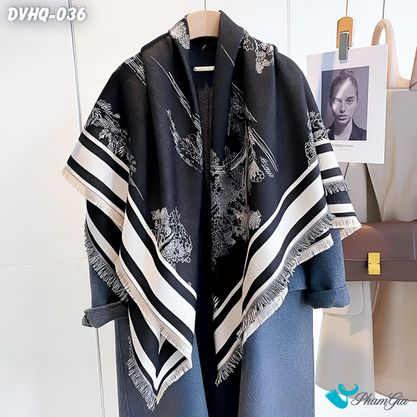 Khăn Choàng Dạ Cashmere Vuông Phong Cách Hàn Quốc Cao Cấp Họa Tiết Cây Cổ Thụ Màu Đen Trắng (DVHQ036)