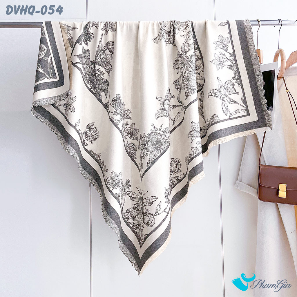 Khăn Choàng Dạ Cashmere Vuông Phong Cách Hàn Quốc Cao Cấp Họa Tiết Hoa Diên Vĩ Màu Xám Khói