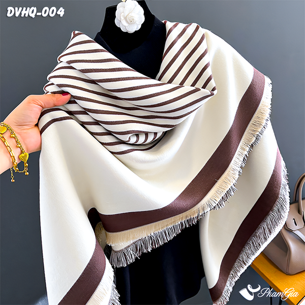 Khăn Choàng Dạ Cashmere Vuông Phong Cách Hàn Quốc Cao Cấp Họa Tiết Kẻ Sọc Nâu Tây - Trắng (DVHQ004)