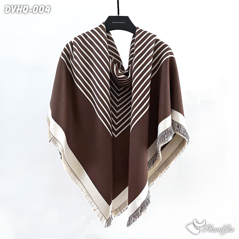 Góc Chính Diện Khăn Choàng Dạ Cashmere Vuông Phong Cách Hàn Quốc Cao Cấp Họa Tiết Kẻ Sọc Nâu Tây - Trắng