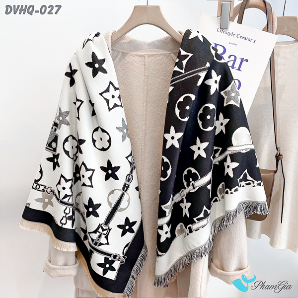 Khăn Choàng Dạ Cashmere Vuông Phong Cách Hàn Quốc Cao Cấp Họa Tiết Retro Phối Màu Đen - Trắng (DVHQ027)