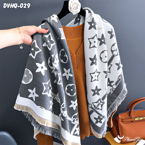 Khăn Choàng Dạ Cashmere Vuông Phong Cách Hàn Quốc Cao Cấp Họa Tiết Retro Phối Màu Ghi - Trắng (DVHQ029)