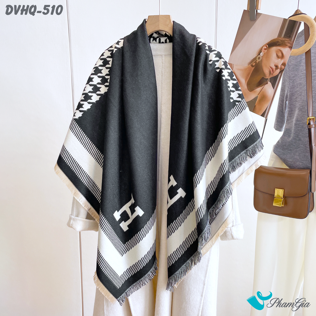 Khăn Choàng Dạ Cashmere Vuông Phong Cách Hàn Quốc Phiên Bản Mới Họa Tiết Nanh Sói Trắng Đen