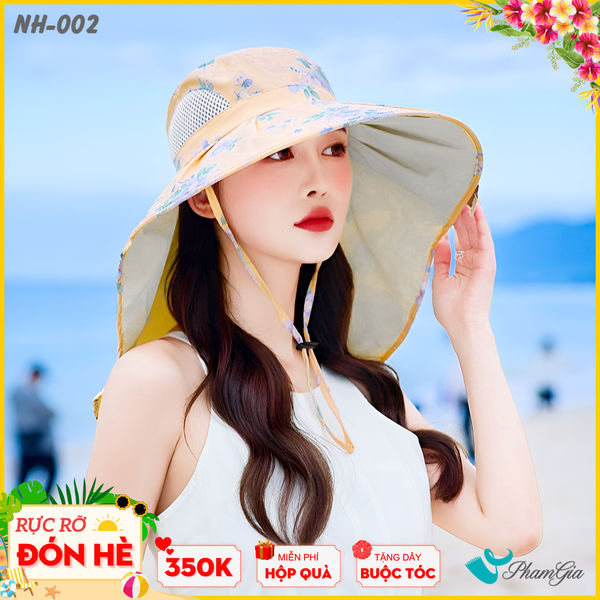 Nón Chống Nắng Rộng Vành Đa Năng Phối Họa Tiết Hoa Thanh Lịch Cao Cấp Màu Cam Đào (NH002)