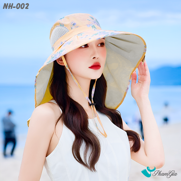 Nón Chống Nắng Rộng Vành Đa Năng Phối Họa Tiết Hoa Thanh Lịch Cao Cấp Màu Cam Đào (NH002)
